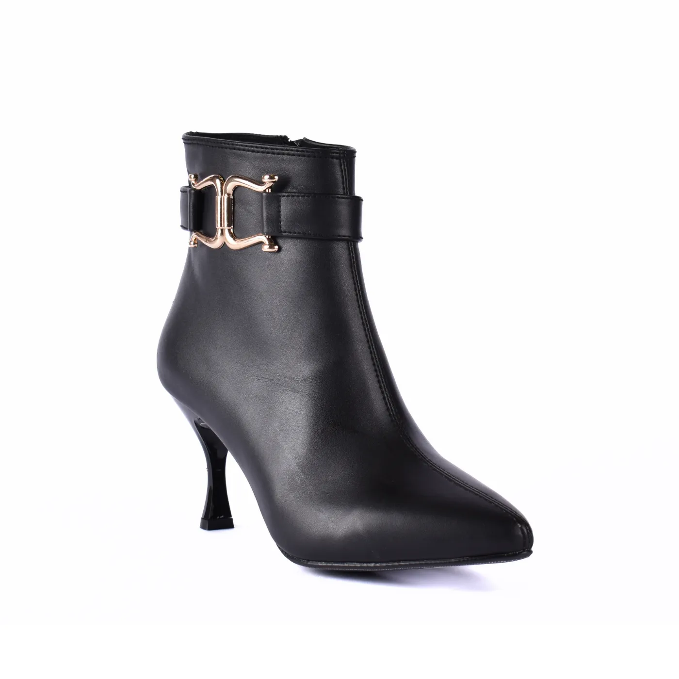 Pointed Heel Leather Ankle Boots With Details