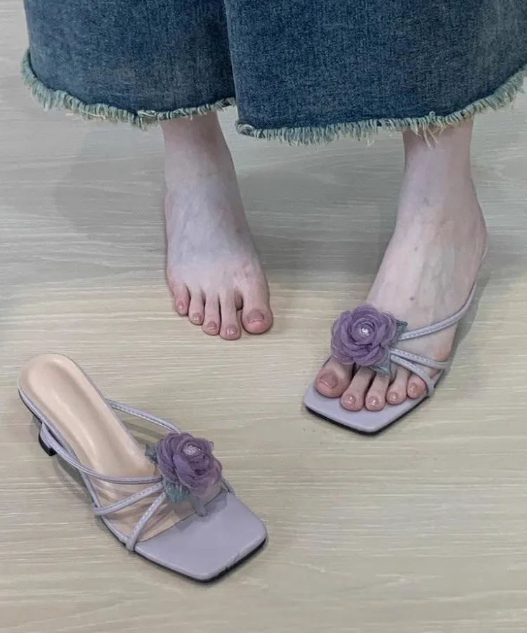 Purple Floral Stylish Splicing Chunky Heel Slide Sandals
