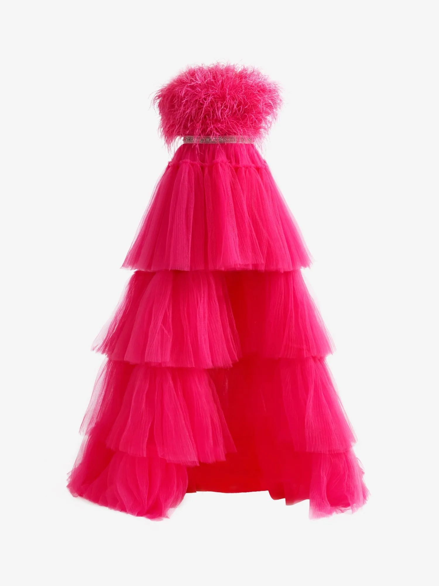 Roycebridal Marie| A-line High-Low Strapless Ruffled Tulle Prom Dress with Feathers