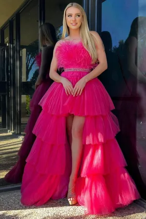 Roycebridal Marie| A-line High-Low Strapless Ruffled Tulle Prom Dress with Feathers