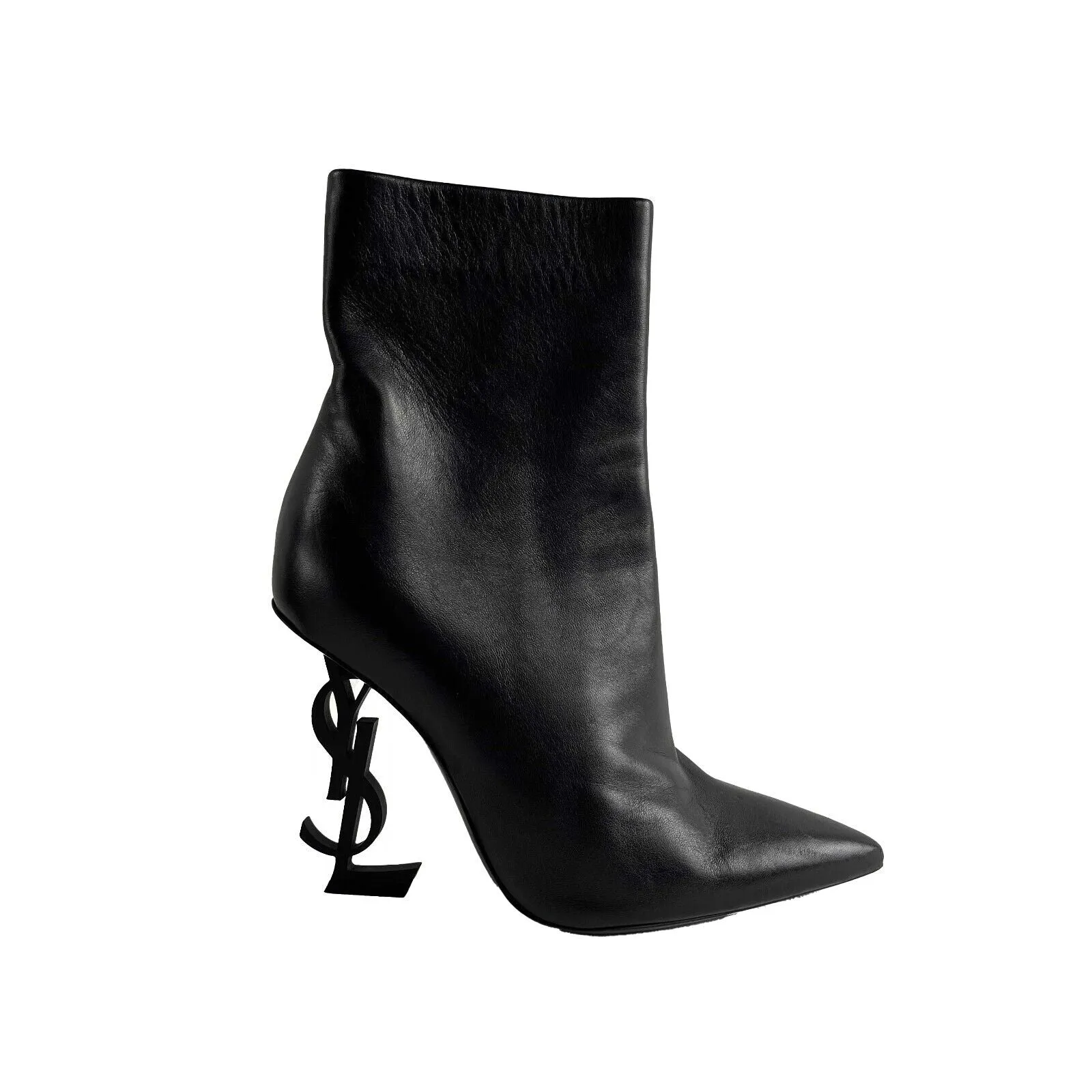 Saint Laurent Opyum YSL Logo Heel Black Leather Pointed Ankle Boot 35.5 US 5