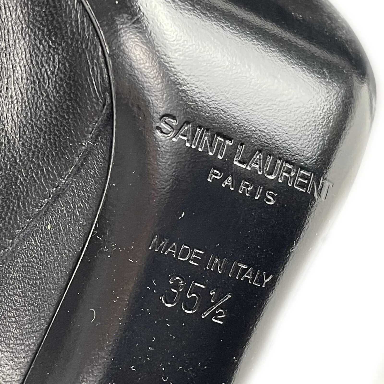 Saint Laurent Opyum YSL Logo Heel Black Leather Pointed Ankle Boot 35.5 US 5