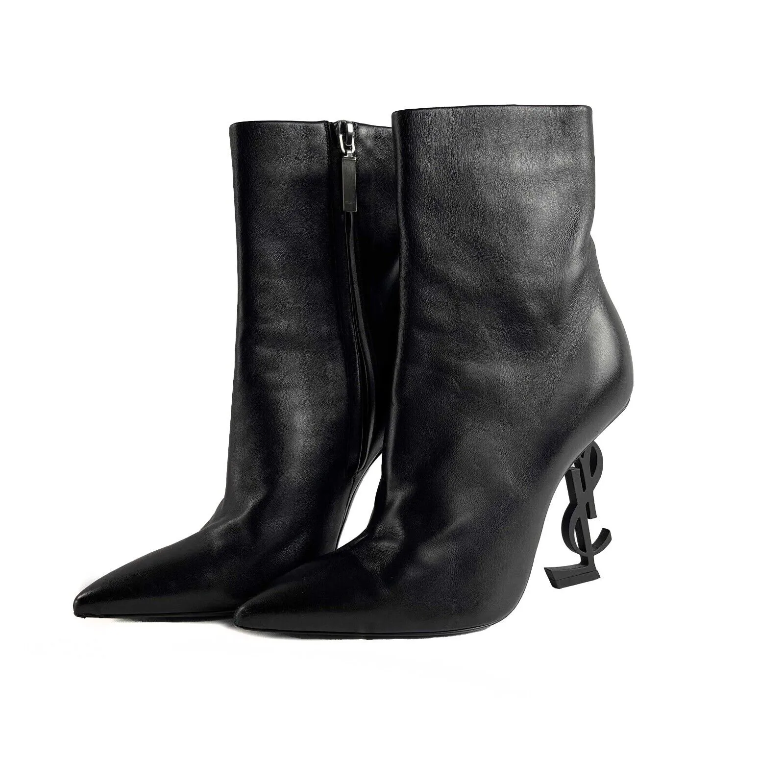 Saint Laurent Opyum YSL Logo Heel Black Leather Pointed Ankle Boot 35.5 US 5