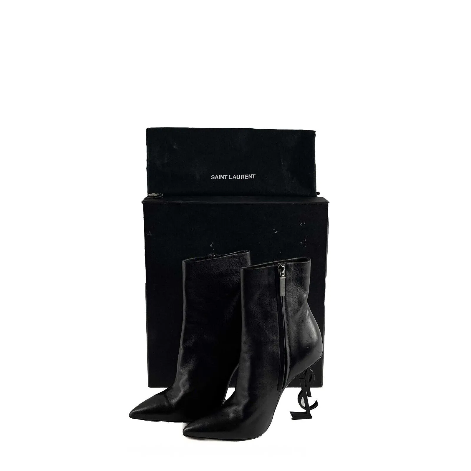 Saint Laurent Opyum YSL Logo Heel Black Leather Pointed Ankle Boot 35.5 US 5
