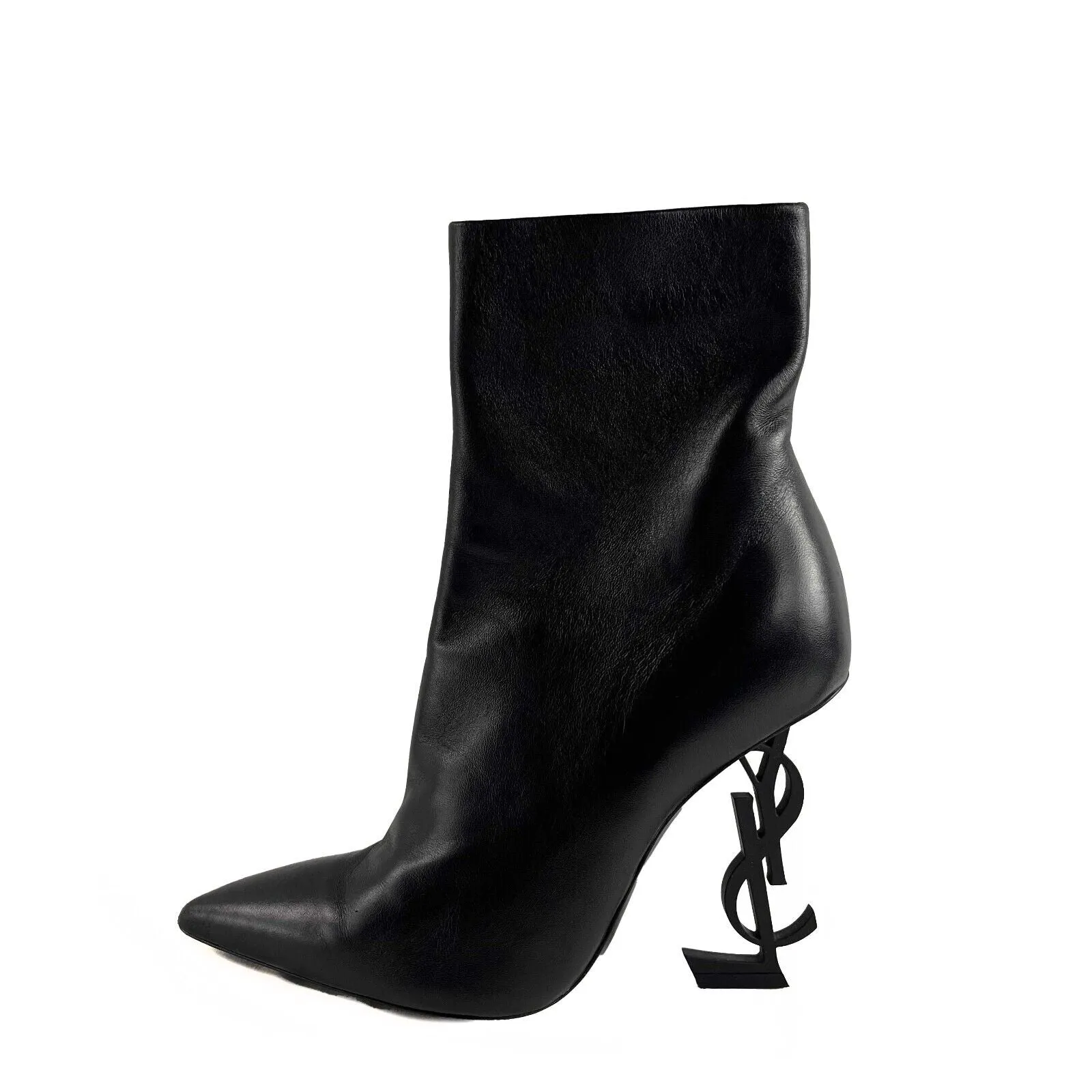Saint Laurent Opyum YSL Logo Heel Black Leather Pointed Ankle Boot 35.5 US 5