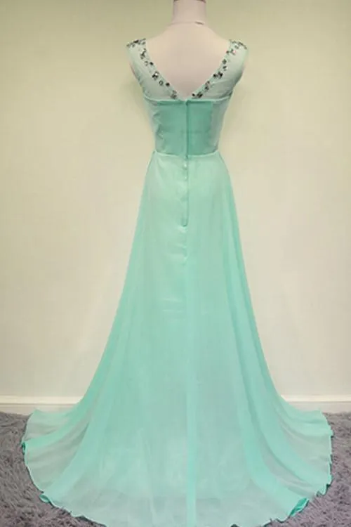 Scoop Beading Chiffon Green Long Evening/Prom Dress PG 212
