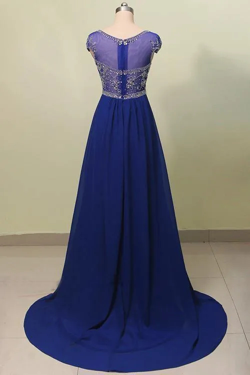 Scoop Court Train Chiffon Blue Prom Dress With Beading PG 207