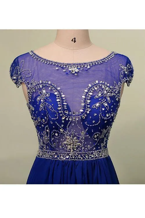 Scoop Court Train Chiffon Blue Prom Dress With Beading PG 207