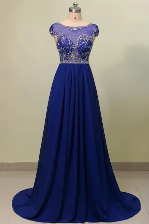 Scoop Court Train Chiffon Blue Prom Dress With Beading PG 207