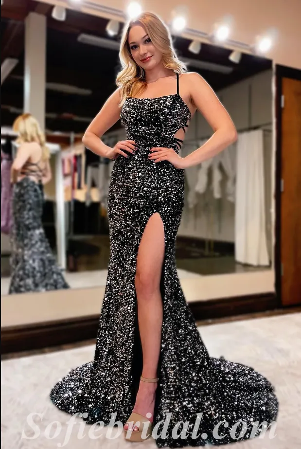 Sexy Black Sequin Spaghetti Straps Square Sleeveless Lace Up Back Mermaid Long Prom Dresses With Side Slit,SFPD0490