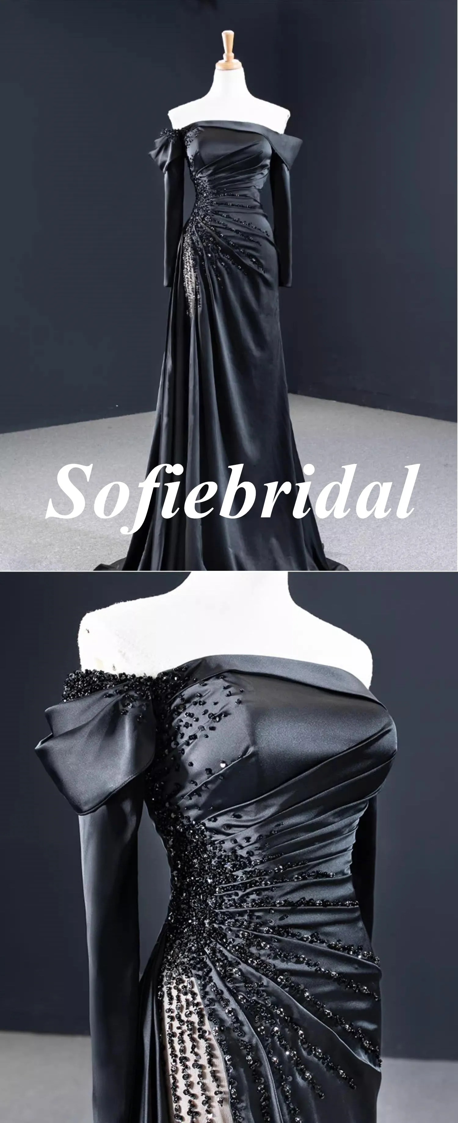 Sexy Black Soft Satin Off Shoulder Long Sleeves Mermaid Long Dress Prom Dress With Beading, PD01118