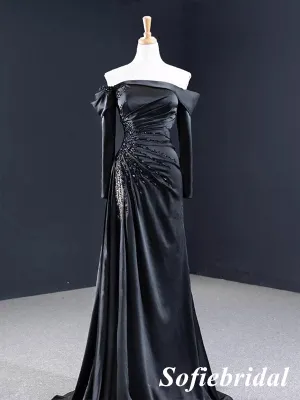 Sexy Black Soft Satin Off Shoulder Long Sleeves Mermaid Long Dress Prom Dress With Beading, PD01118