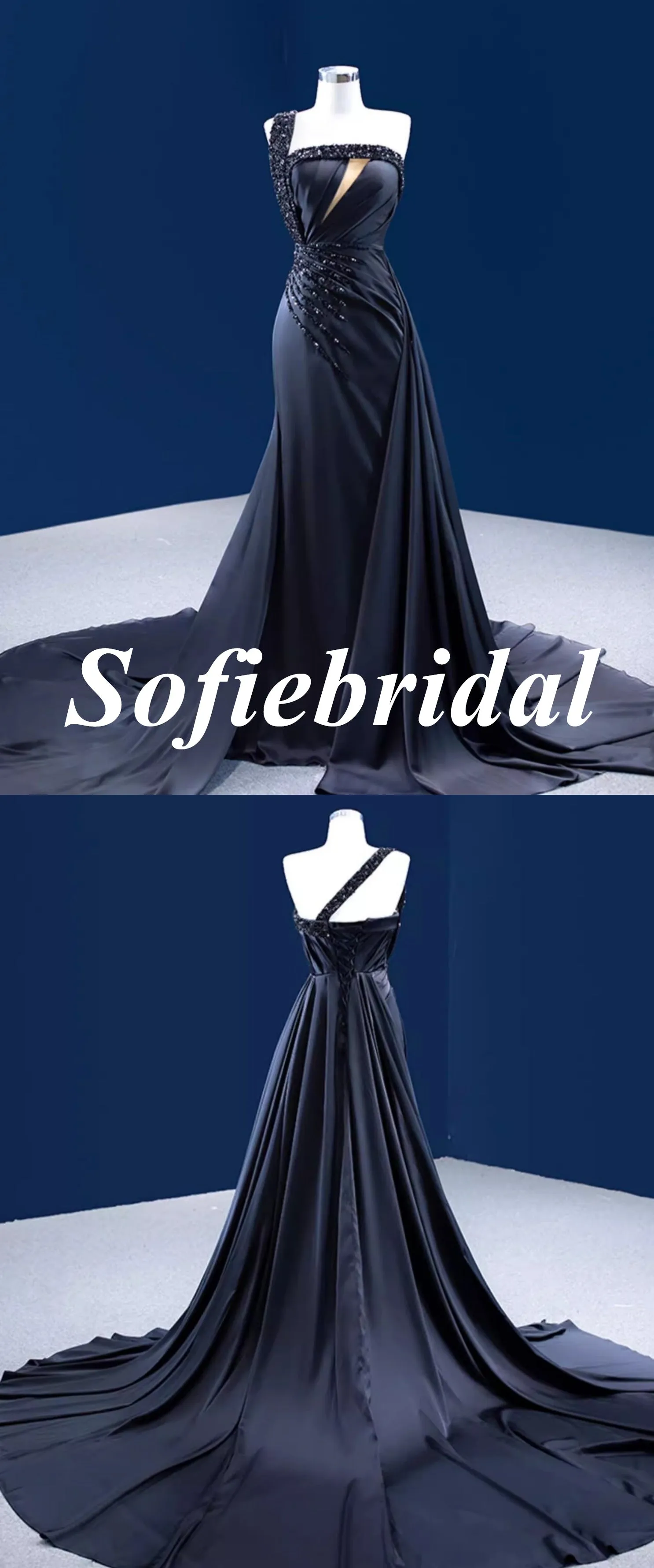 Sexy Black Soft Satin One Shoulder Sleeveless Side Slit Mermaid Long Dress Prom Dress With Beading, PD01119