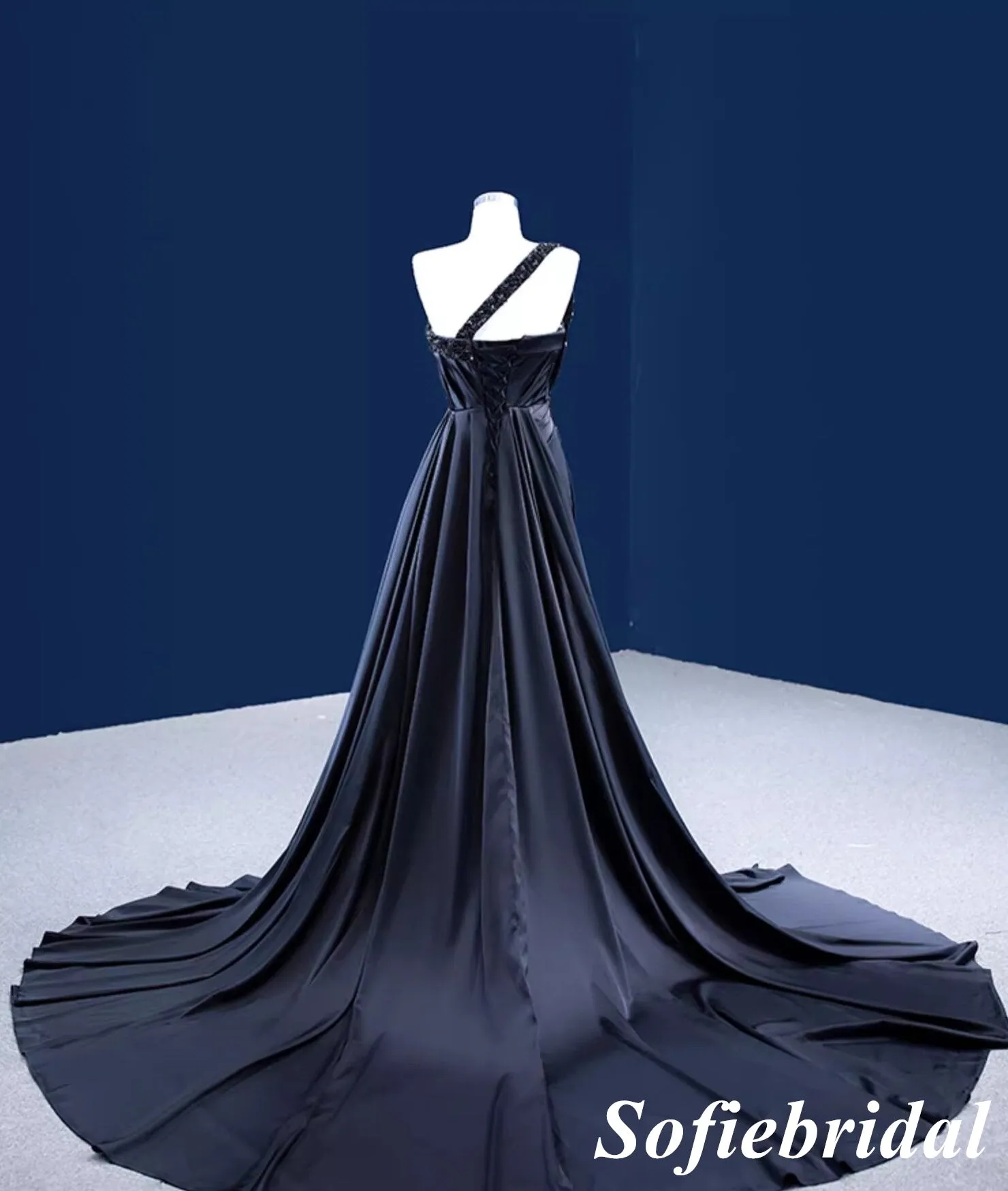 Sexy Black Soft Satin One Shoulder Sleeveless Side Slit Mermaid Long Dress Prom Dress With Beading, PD01119