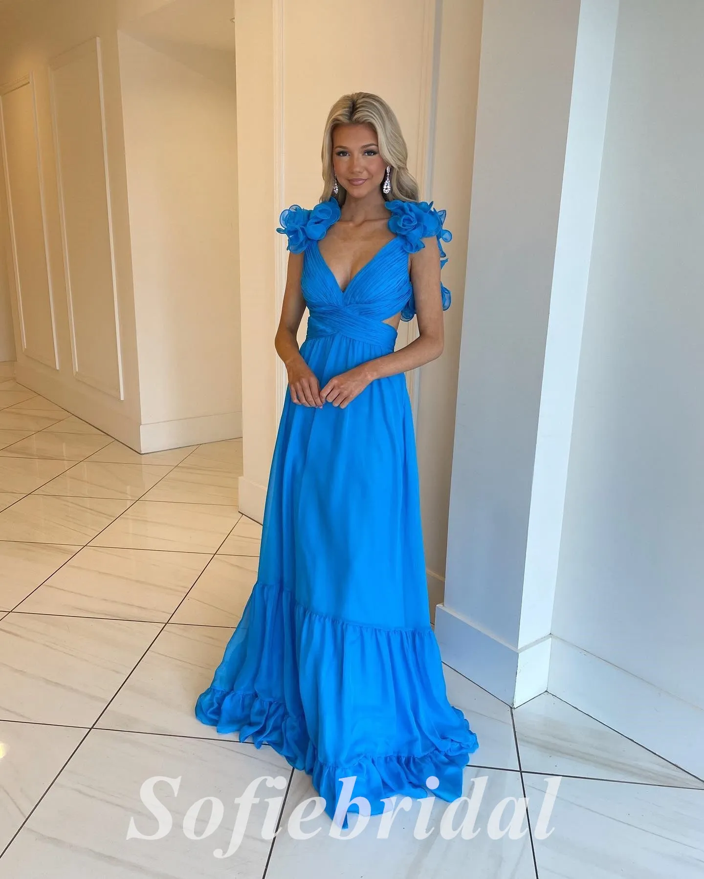 Sexy Chiffon Spaghetti Straps V-Neck Lace Up Back A-Line Long Prom Dresses, PD0877
