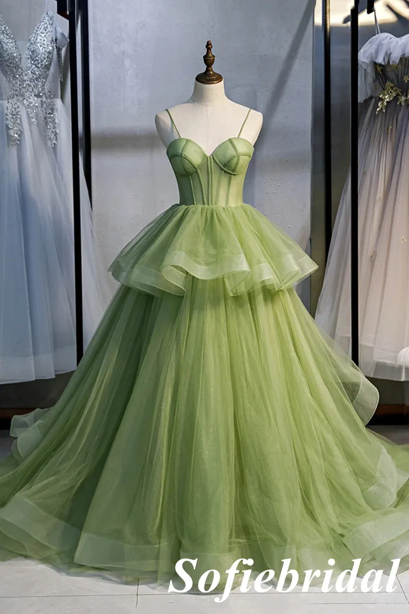 Sexy Dusty-Sage Spaghetti Straps Sleeveless A-Line Lace Up Back Prom Dress, PD01032