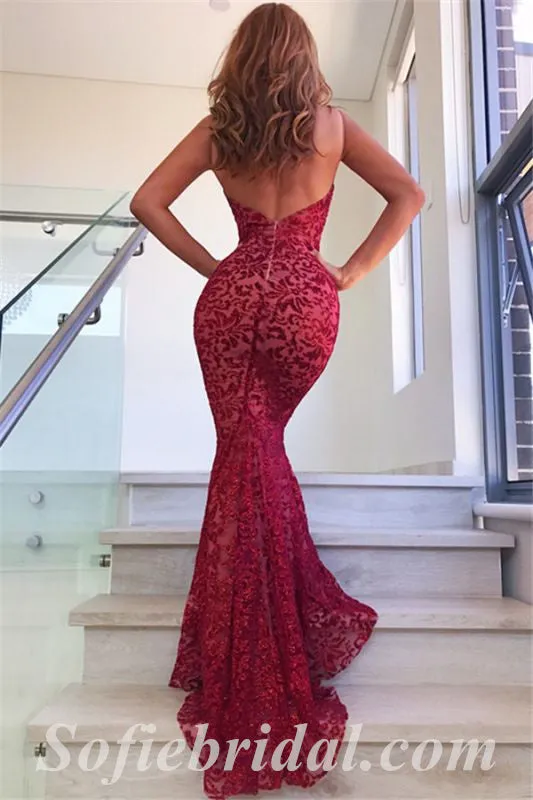 Sexy Lace Tulle Sweetheart V-Neck Sleeveless Backless Mermaid Long Prom Dresses,SFPD0537