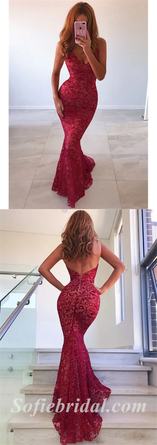 Sexy Lace Tulle Sweetheart V-Neck Sleeveless Backless Mermaid Long Prom Dresses,SFPD0537