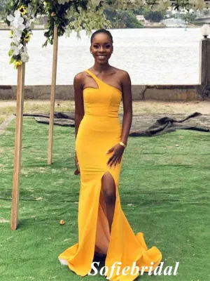 Sexy One Shoulder Sleeveless Side Slit Mermaid Floor Length Bridesmaid Dresses, SFWG00608