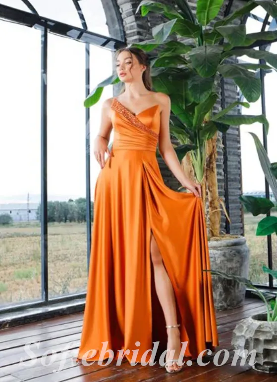 Sexy Orange Satin Sweetheart V-Neck A-Line Long Prom Dresses With Side Slit,SFPD0436
