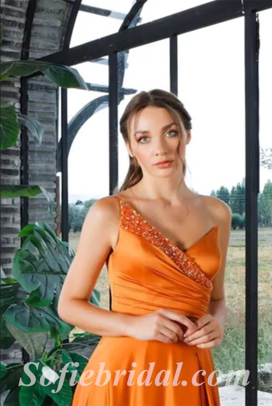 Sexy Orange Satin Sweetheart V-Neck A-Line Long Prom Dresses With Side Slit,SFPD0436
