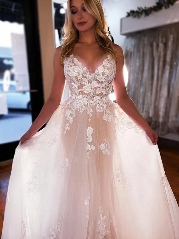 Sexy Pink Spaghetti Straps Half-open Back A-line Lace Top Tulle Long Prom Dress, PD3255