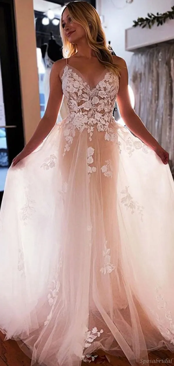 Sexy Pink Spaghetti Straps Half-open Back A-line Lace Top Tulle Long Prom Dress, PD3255