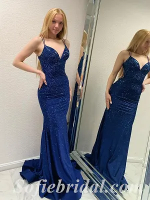 Sexy Royal Blue Sequin Satin Spaghetti Straps V-Neck Lace Up Back Mermaid Long Prom Dresses,SFPD0474