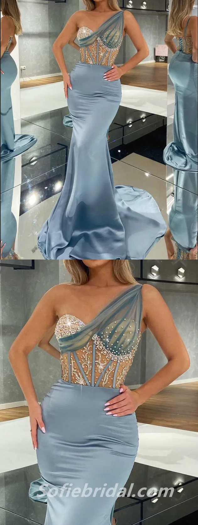 Sexy Satin One Shoulder Sleeveless Mermaid Long Prom Dresses,SFPD0319