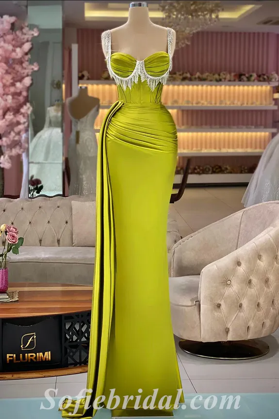 Sexy Satin Spaghetti Straps Sleeveless Mermaid Long Prom Dresses With Trailing,SFPD0456