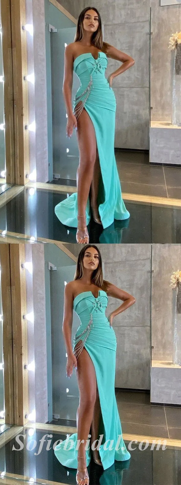 Sexy Satin Sweetheart V-Neck Sleeveless Side Slit Mermaid Long Prom Dresses,SFPD0536