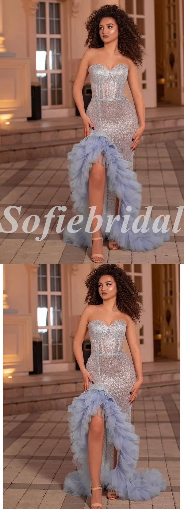 Sexy Sequin And Tulle Sweetheart V-Neck Sleeveless Side Slit Mermaid Long Prom Dresses,SFPD0729