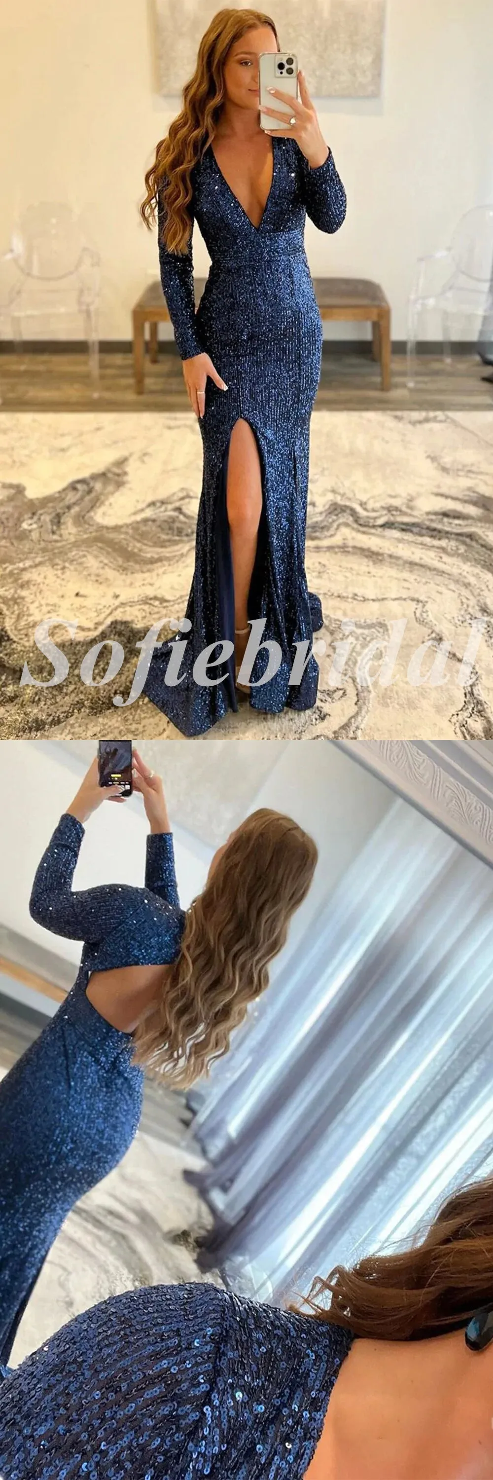 Sexy Sequin Deep V-Neck Long Sleeve Side Slit mermaidLong Prom Dresses,SFPD0625