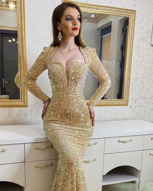 Sexy Sequin Mermaid Long Sleeve Long Prom Dresses Online,SFPD0117
