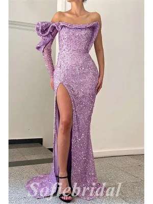 Sexy Sequin One Shoulder Long Sleeve Side Slit Mermaid Long Prom Dresses,SFPD0670