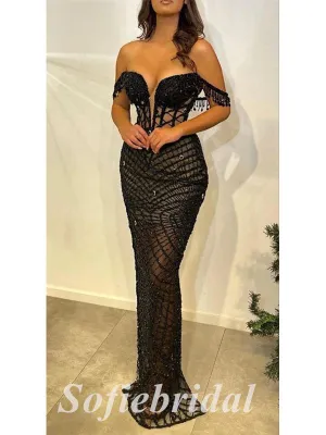 Sexy Tulle And Sequin Off Shoulder V-Neck Sleeveless Mermaid Long Prom Dresses With Beading, PD0826