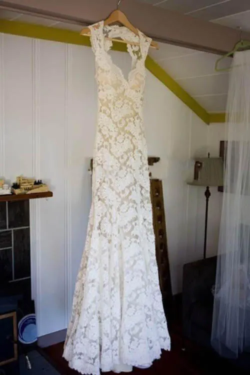 Sheath Lace Keyhole Back Floor-Length Wedding Dress With Train, SW185