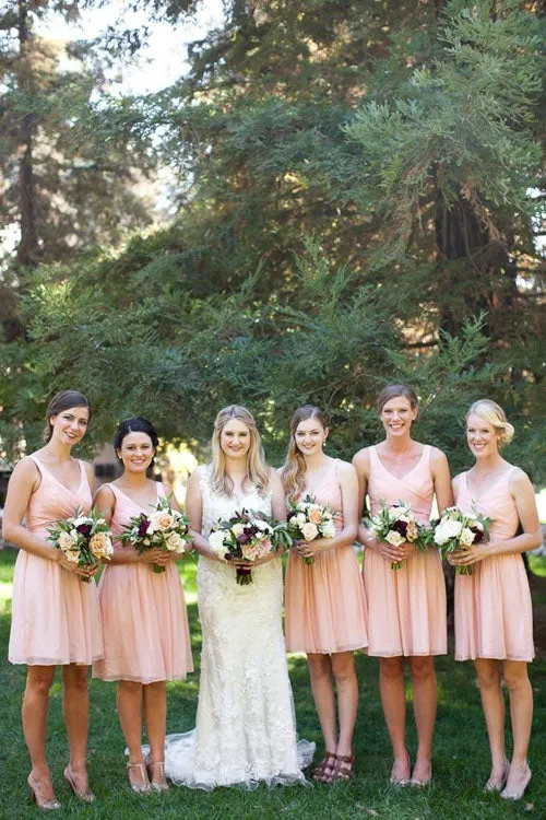 Simple Pink A-line V-neck Chiffon Short Bridesmaid Dresses, Wedding Party Dress, BD79