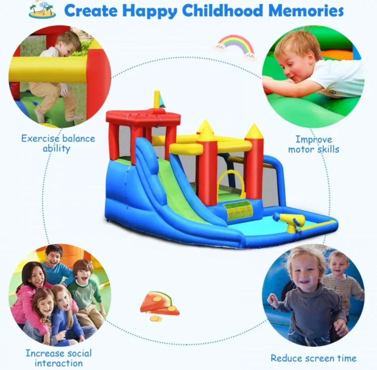 Super Cool & Fun 7-in-1 Inflatable Bouncy House Splash Pool | Water Slide | Jump Area | Climb Wall | Ball Shoot | Soccer | Water Cannon | W 740W Blower