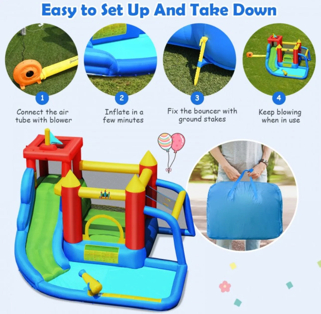 Super Cool & Fun 7-in-1 Inflatable Bouncy House Splash Pool | Water Slide | Jump Area | Climb Wall | Ball Shoot | Soccer | Water Cannon | W 740W Blower