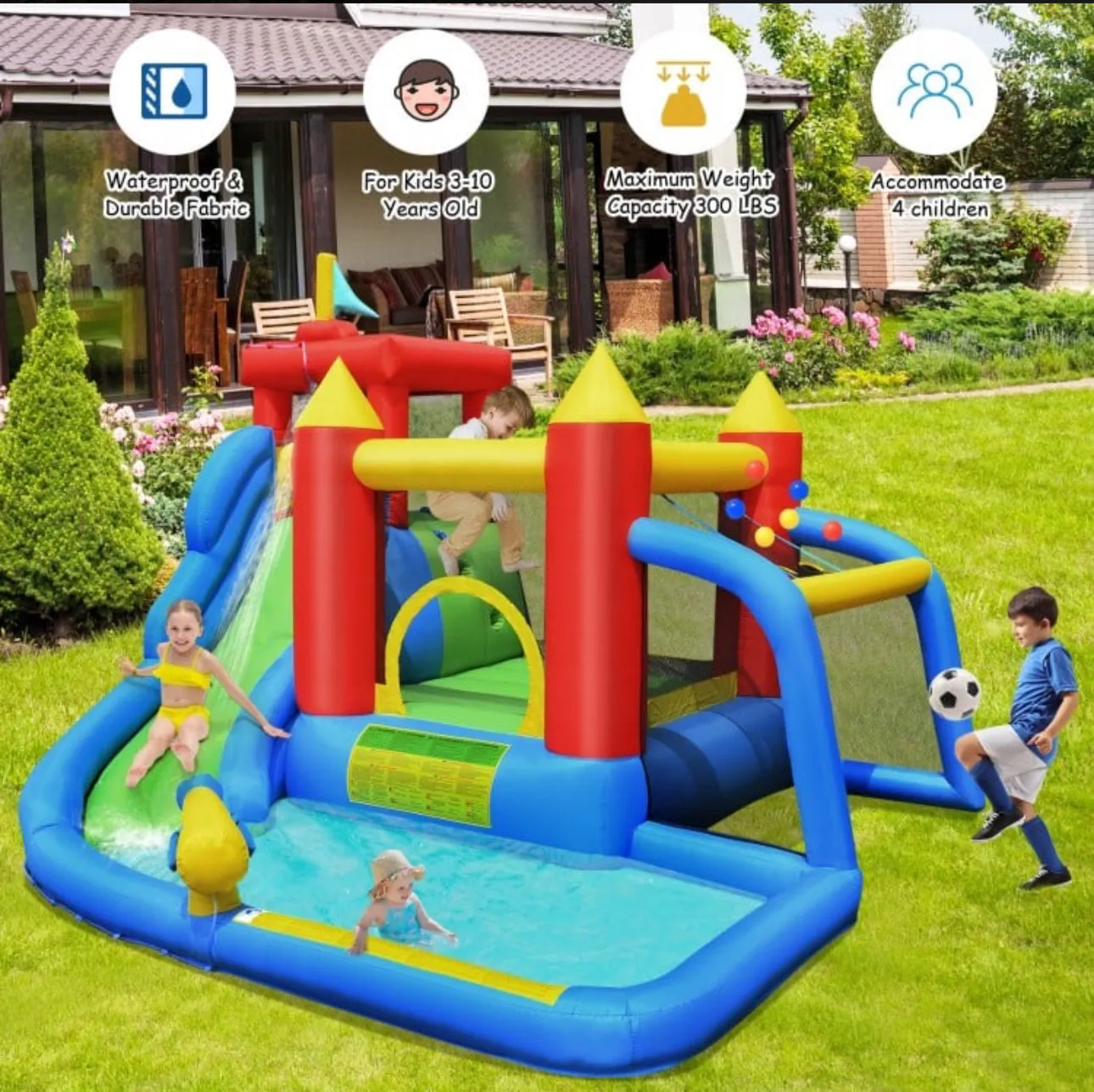 Super Cool & Fun 7-in-1 Inflatable Bouncy House Splash Pool | Water Slide | Jump Area | Climb Wall | Ball Shoot | Soccer | Water Cannon | W 740W Blower