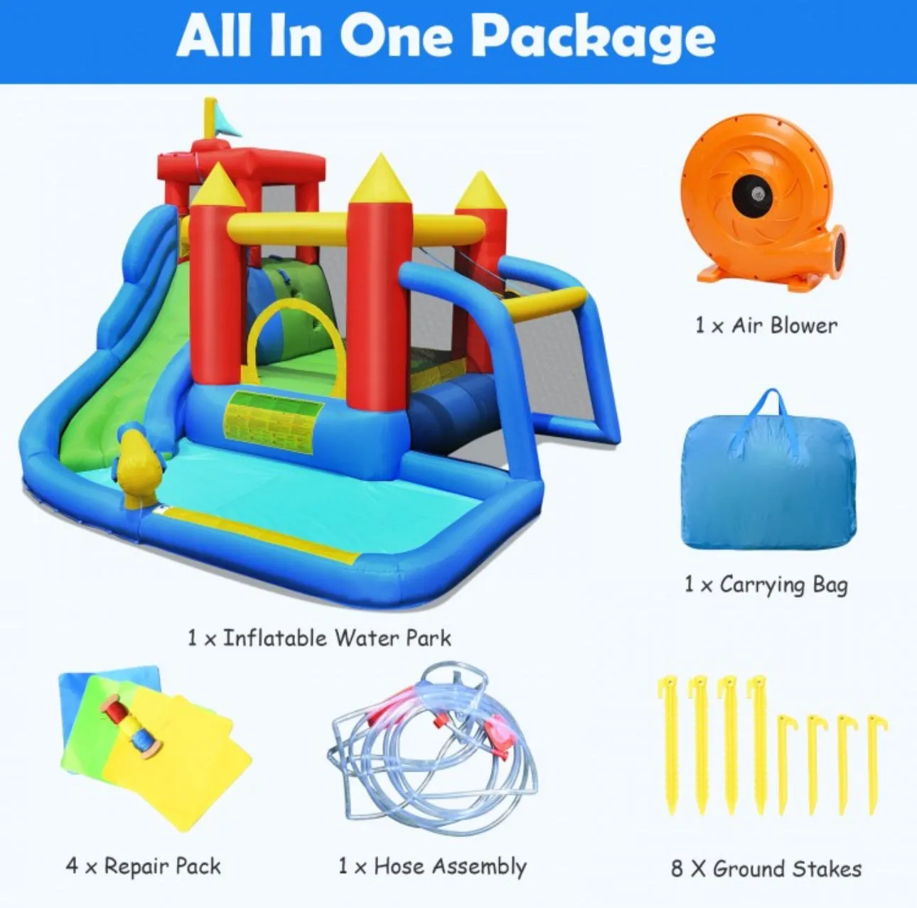 Super Cool & Fun 7-in-1 Inflatable Bouncy House Splash Pool | Water Slide | Jump Area | Climb Wall | Ball Shoot | Soccer | Water Cannon | W 740W Blower