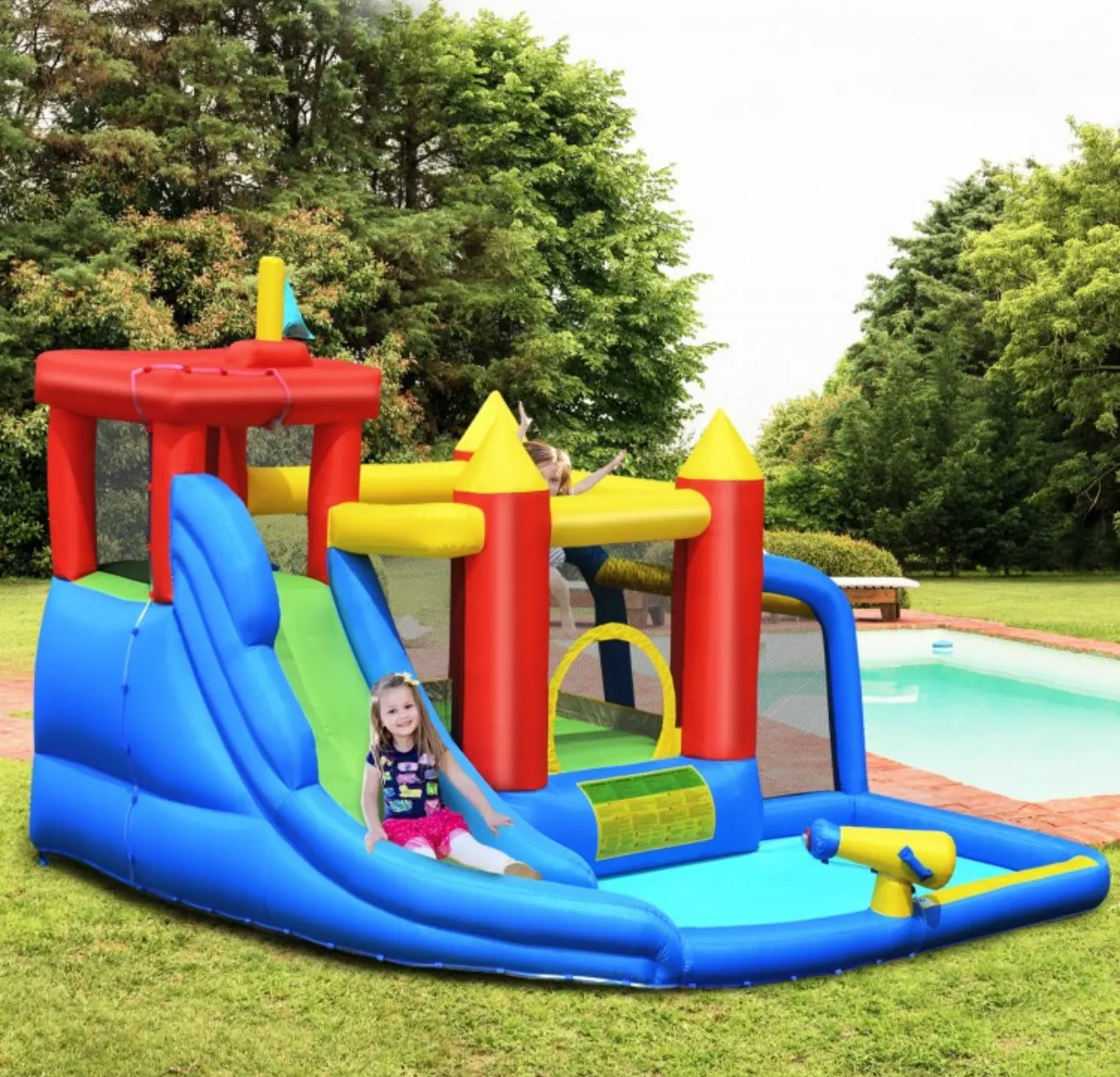 Super Cool & Fun 7-in-1 Inflatable Bouncy House Splash Pool | Water Slide | Jump Area | Climb Wall | Ball Shoot | Soccer | Water Cannon | W 740W Blower