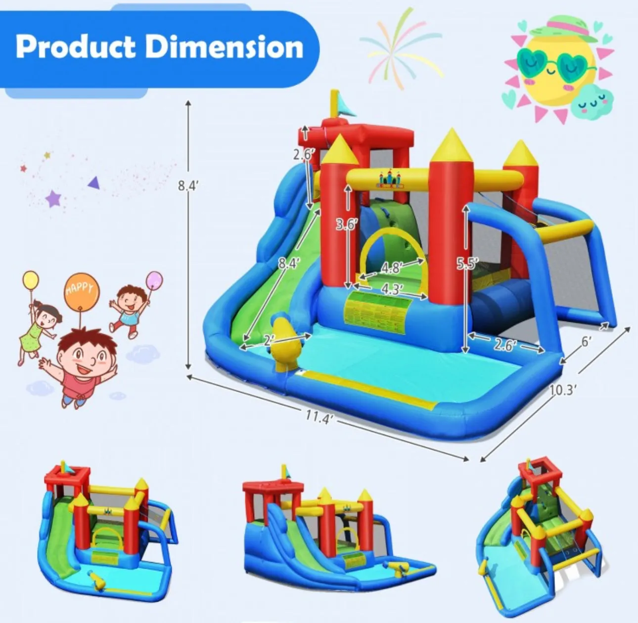 Super Cool & Fun 7-in-1 Inflatable Bouncy House Splash Pool | Water Slide | Jump Area | Climb Wall | Ball Shoot | Soccer | Water Cannon | W 740W Blower