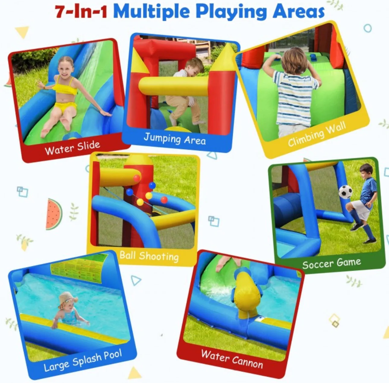Super Cool & Fun 7-in-1 Inflatable Bouncy House Splash Pool | Water Slide | Jump Area | Climb Wall | Ball Shoot | Soccer | Water Cannon | W 740W Blower