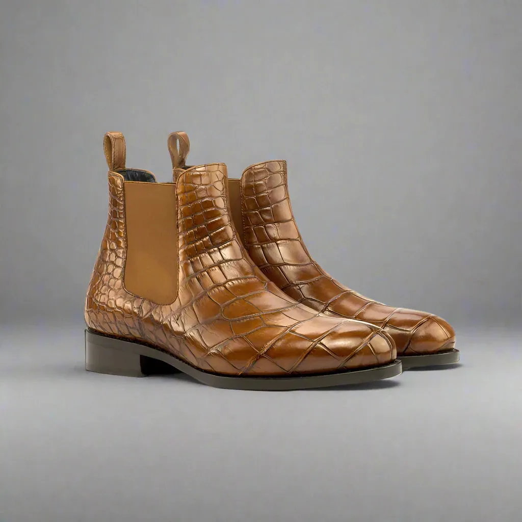 Tan Brown Croc Print Leather Amarante Slip On Boots - Boots