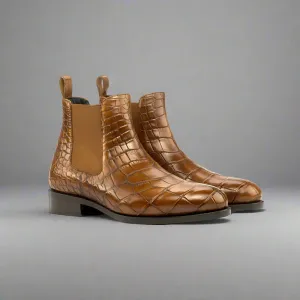Tan Brown Croc Print Leather Amarante Slip On Boots - Boots