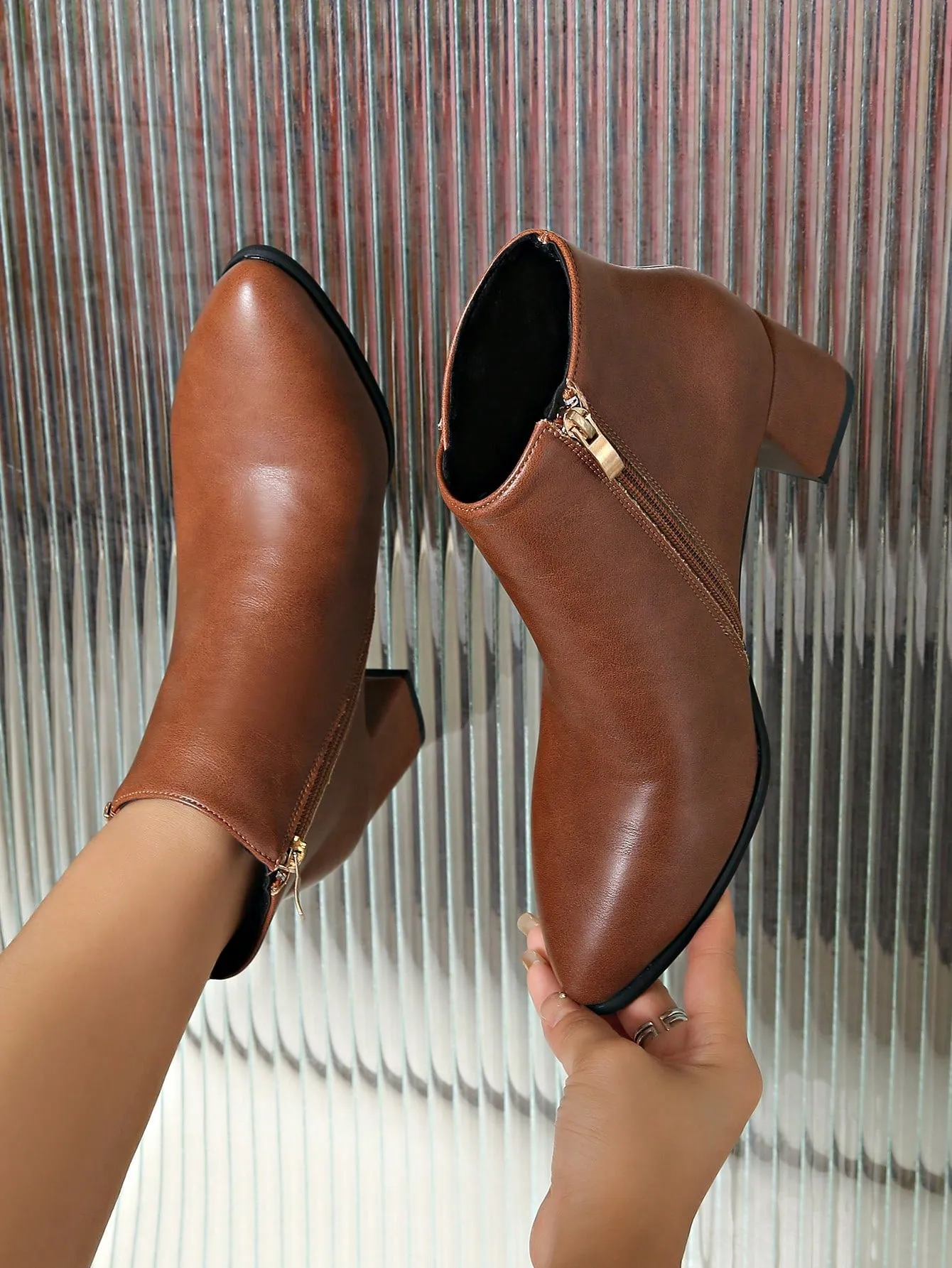 Thick Heel Pointed Toe Ankle Boots - Brown - FD ⚡