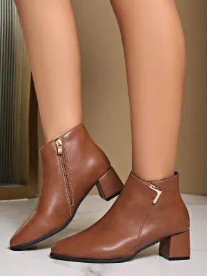 Thick Heel Pointed Toe Ankle Boots - Brown - FD ⚡