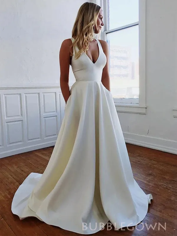 V-neck Ivory Satin A-line Long Wedding Dresses, BGS0353
